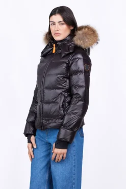 Doudounes Courtes*Gertrude Doudoune Cintree Avec Capuche En Fourrure Olga Black Shiny