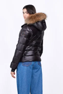 Doudounes Courtes*Gertrude Doudoune Cintree Avec Capuche En Fourrure Olga Black Shiny
