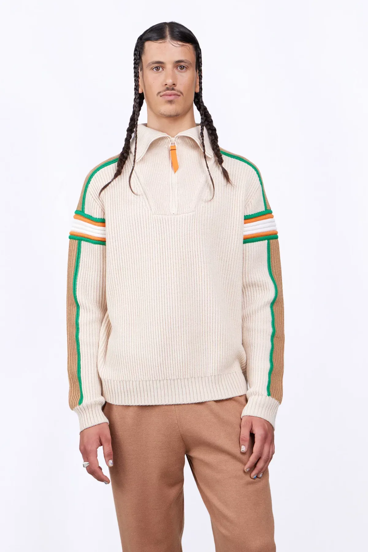 Pulls & Polos*Gertrude Pull Camionneur En Maille Perlee Bandes Contrastees Halfy Ecru