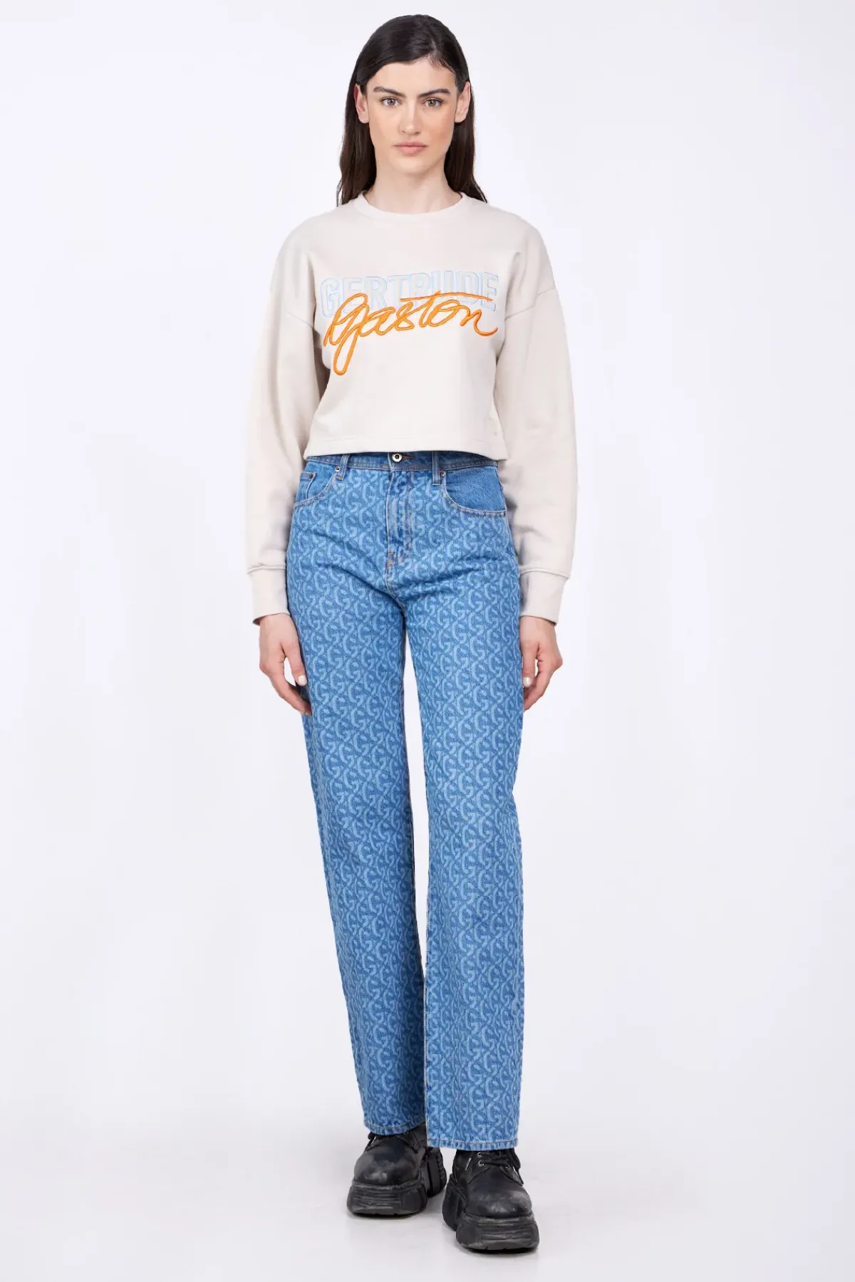 Sweatshirts & Hoodies*Gertrude Sweat Col Rond Cropped Brode Maggy Ciment