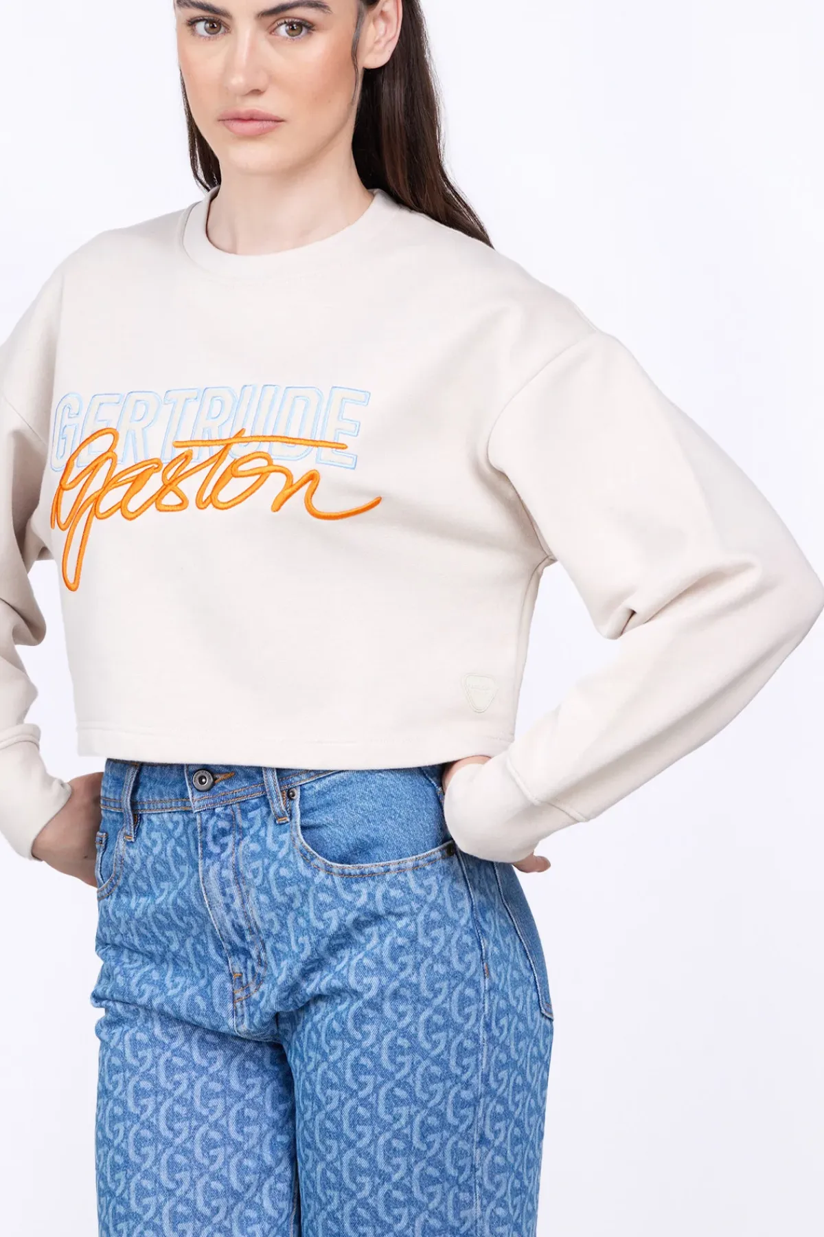 Sweatshirts & Hoodies*Gertrude Sweat Col Rond Cropped Brode Maggy Ciment