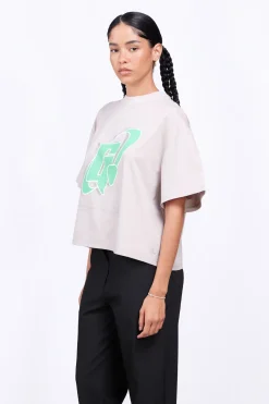 T-Shirts*Gertrude T-Shirt Col Rond Imprime A La Poitrine Suzon Ciment